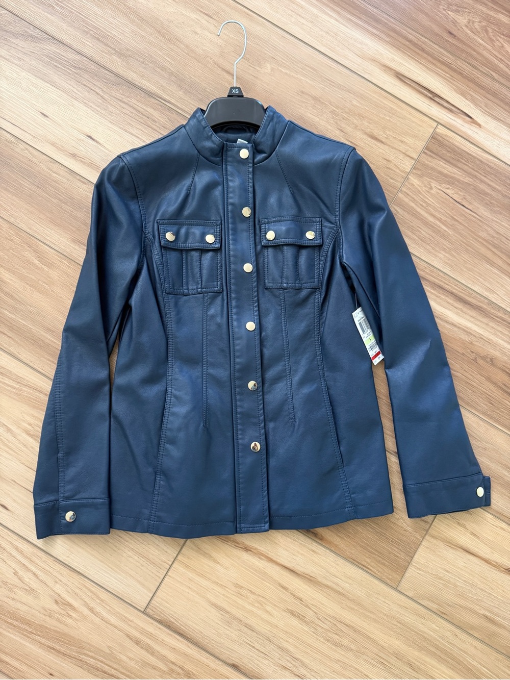 Charter Club Navy Faux Leather Military Jacket with Gold Buttons